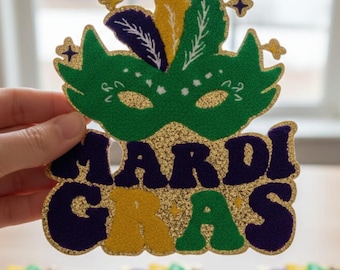 Mardi Gras Chenille Patch | Masquerade Mask, Gold Glitter Border