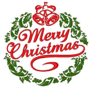 May include: A festive Christmas design featuring the words "Merry Christmas" in red script, surrounded by a green holly wreath. Two red bells are at the top, adding to the holiday theme. The design is on a white background.