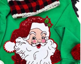 Nikolaus Aufnäher | Frohe Weihnachten Aufnäher | Frohe Grinchmas Logos | Pailletten und Chenille Applikationen