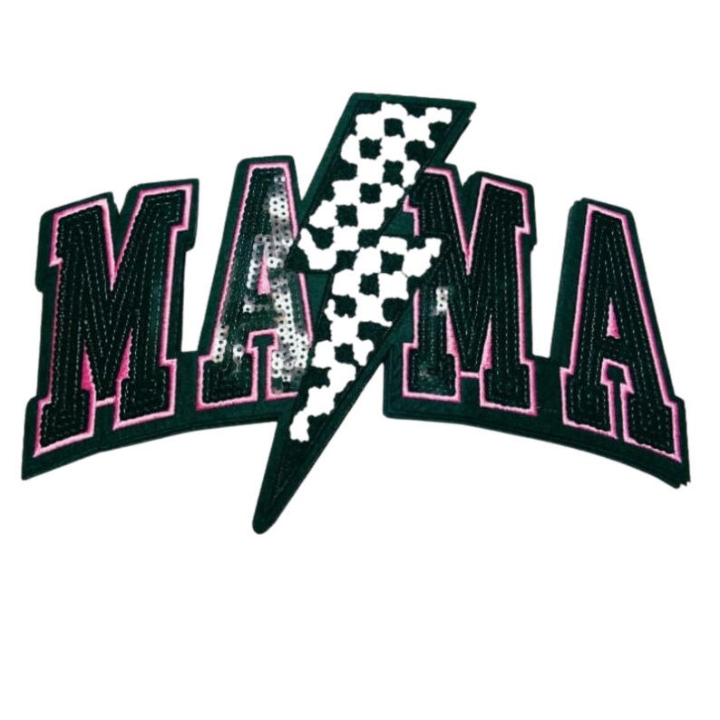 May include: A black and pink embroidered patch with the word "MAMA" in a varsity font. A white and black checkered lightning bolt is in the center. The patch has a pink border and is on a white background.