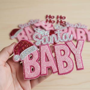 Pink Santa Baby Sequin Patch | Glitter Christmas Iron On