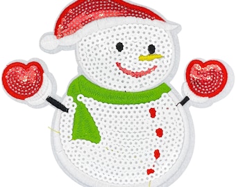 Sequin Snowman Iron On Patch - Christmas Applique, Holiday Decoration