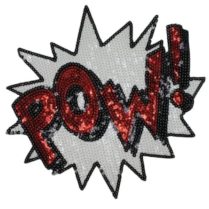 May include: A sequined patch in the shape of a comic book explosion. The word "POW!" is spelled out in red sequins, outlined in black, against a white background. The patch has a black beaded border.