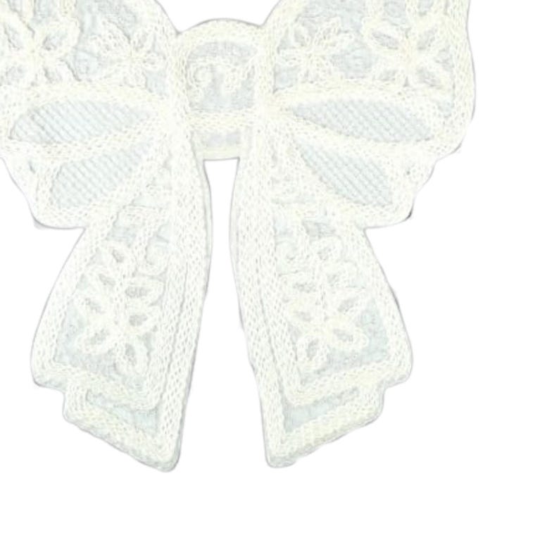 May include: A white lace bow with intricate floral patterns. The bow is made of a delicate, textured fabric and features a classic bow shape, perfect for embellishing crafts or adding a touch of elegance to accessories.