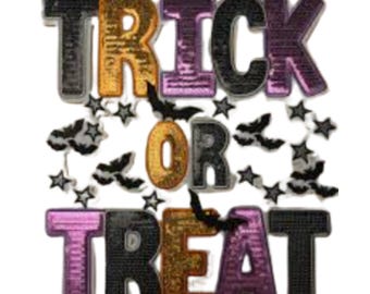 Trick or Treat Halloween Sequin Iron On Patch - Spooky Bats & Stars Applique