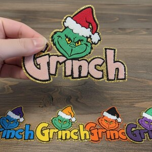 Grinch chenille-strijkijzerpatch | Chenille-logo's | Kerstpatches | Letterherenjacks | Patch shirtmaat | Chenille-letter opstrijkpatch