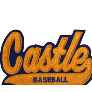 May include: A navy blue and gold baseball emblem with the word "Castle" in a textured, gold font. The word "Baseball" is written in a smaller, navy blue font below "Castle".