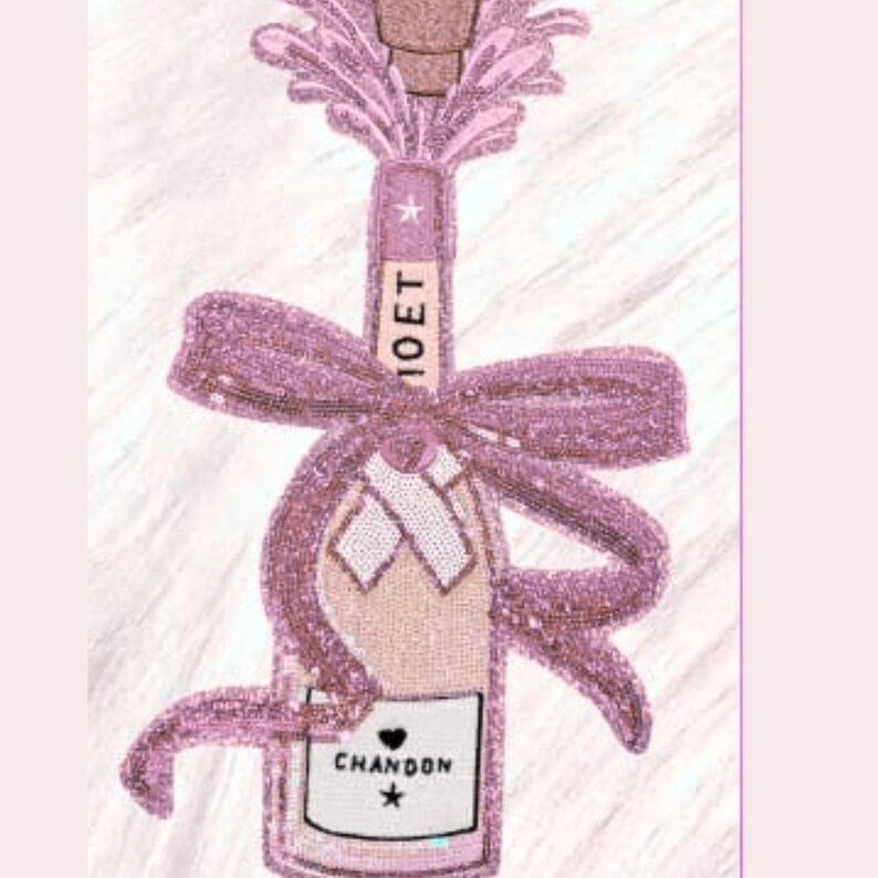 May include: A decorative champagne bottle design with pink sequins and a bow. The bottle features the text "MOET" and "CHANDON" with a star. The design is set against a white, textured background.