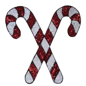 May include: Two crossed candy canes with a red and white striped design. The red stripes have a glittery texture, and the white stripes are smooth. The candy canes are a festive decoration.