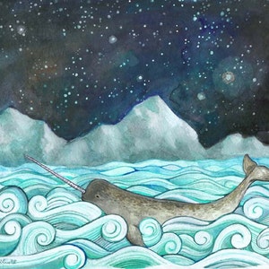 Narwhal Print from my Nautical Illustration 8"x10", 5"x7", 9"x12" or 11"x14" - Children's Room Decor - Narwhal & the Milky Way