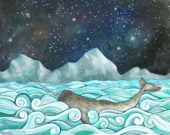 Narwhal Print from my Nautical Illustration 8"x10", 5"x7", 9"x12" or 11"x14" - Children's Room Decor - Narwhal & the Milky Way