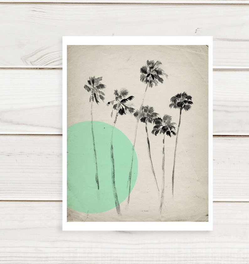 California Palm Trees Mint Green Print Vintage Inspired Illustration Archival Paper OR Canvas image 4