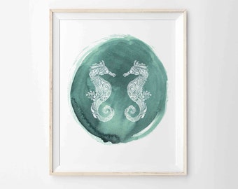 Paisley Seahorses - Watercolor Print - Archival Paper or Canvas