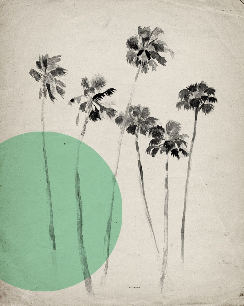 California Palm Trees Mint Green Print Vintage Inspired Illustration Archival Paper OR Canvas image 2