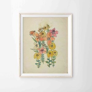 Watercolor and Ink Flowers Archival Print Modern Bohemian Art, 8x10, 5x7, 9x12 or 11x14 image 1