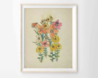 Watercolor and Ink Flowers Archival Print  - Modern Bohemian Art, 8"x10", 5"x7", 9"x12" or 11"x14"