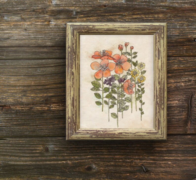 Coral Flowers Print Rustic Flower Wall Art, Botanical Artwork, Coral Flowers Art 8x10, 5x7, 9x12 or 11x14 image 2