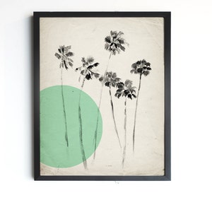 California Palm Trees Mint Green Print Vintage Inspired Illustration Archival Paper OR Canvas image 1