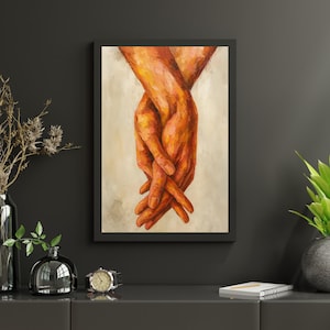 Holding Hands Digital Wall Art, Emotional Oil Painting Style Printable Poster, Romantic Gesture Artwork for Love and Connection Decor