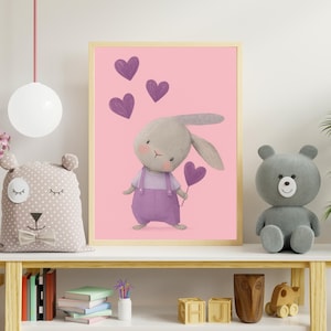 Cute Bunny with Hearts Digital Wall Art, Pink Nursery Animal Poster, Printable Download for Baby Girl Room or Kids Valentine Decor