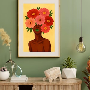 Afro Woman Flower Head Digital Wall Art Print, Bold Melanin Illustration Poster, Floral Minimalist Black Girl Modern Boho Decor