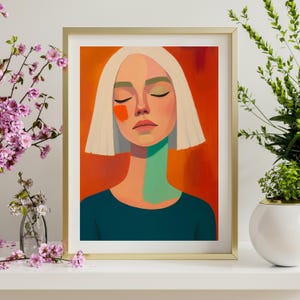 Minimalist Woman Portrait Digital Wall Art, Modern Abstract Face Illustration Print, Color Block Female Artwork for Instant Download Decor