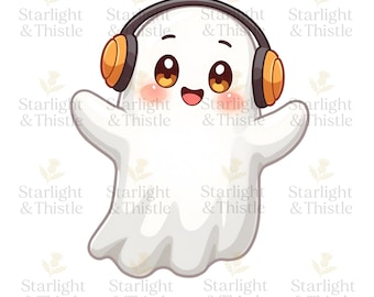 Pastel Halloween Ghost Clipart PNG: Kawaii Spooky Ghost with Headphones (Digital Download)