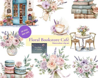 Watercolor Floral Cafe Clipart Bundle: Vintage Books, Coffee, Tea (Digital Download, Commercial Use PNGs)