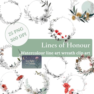 Puede incluir: Una colección de imágenes prediseñadas de coronas de arte lineal en acuarela. Las coronas presentan varios diseños botánicos, incluyendo flores y follaje, en negro, blanco, rojo y verde. El texto "Lines of Honour" y "Starlight and Thistle" está incluido.