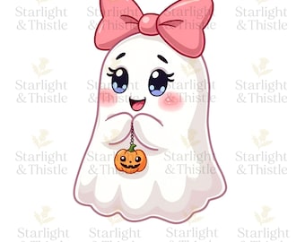 Pastel Halloween Ghost Clipart PNG: Kawaii Spooky Ghost with Bow (Digital Download)