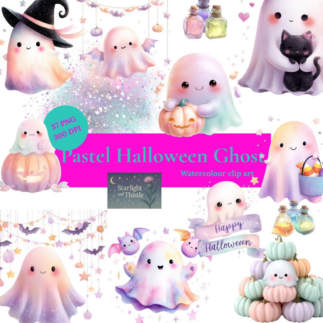 Pastel Watercolor Ghost Clipart Bundle: Kawaii Halloween PNG Digital ...