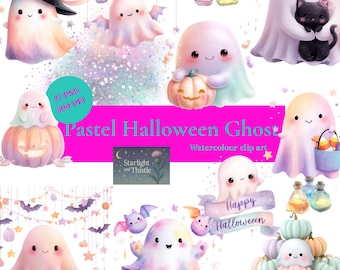 Pastel Watercolor Ghost Clipart Bundle: Kawaii Halloween PNG Digital Art