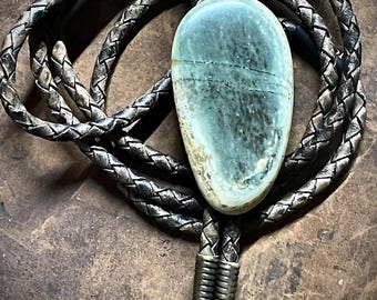 Blue Jasper Bolo, Wedding Tie, Natural Stone, Handmade, Genuine Leather, Unisex