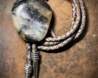 Big Montana Agate Bolo, Wedding Tie, Handmade, Genuine Leather, Natural Stone