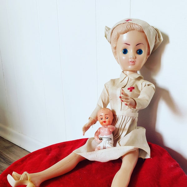 Vintage Blue Box Red Cross Plastic Hong Kong Nurse and Baby Doll Toy