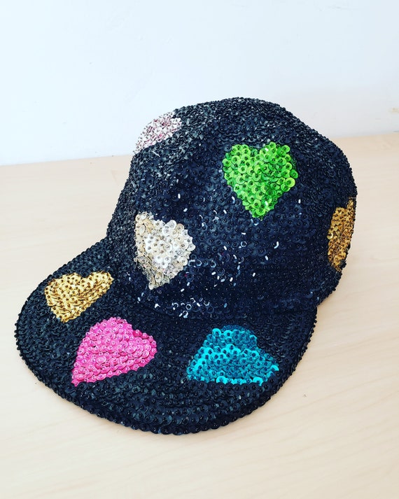 Vintage 1980s 1990s Black Sequins Heart Glam Hat - image 8