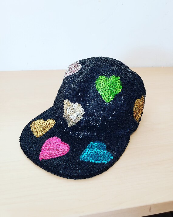 Vintage 1980s 1990s Black Sequins Heart Glam Hat - image 7