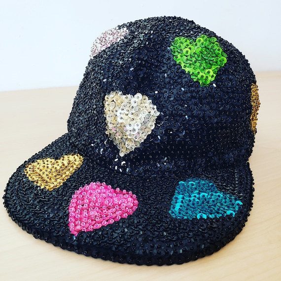 Vintage 1980s 1990s Black Sequins Heart Glam Hat - image 1