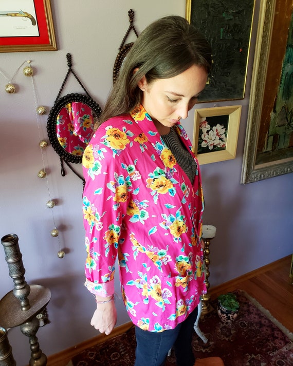 Vintage 1990s Bright Pink Yellow Floral Jacket Bl… - image 2