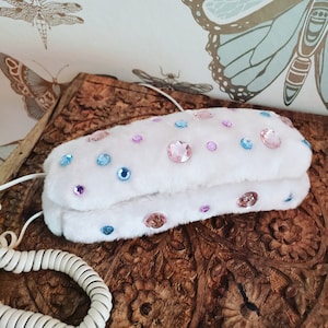 AwEsOmE 1990s White FUR Jewel Landline Telephone Phone