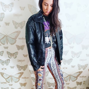 FuNkY 1980s 1990s Patchwork Mens Black Leather Coat Jacket