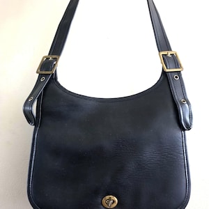 Vintage Black and Brass Crescent Flap Bag Fake Coach Style Leather Purse