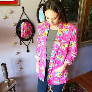 Vintage 1990s Bright Pink Yellow Floral Jacket Blazer