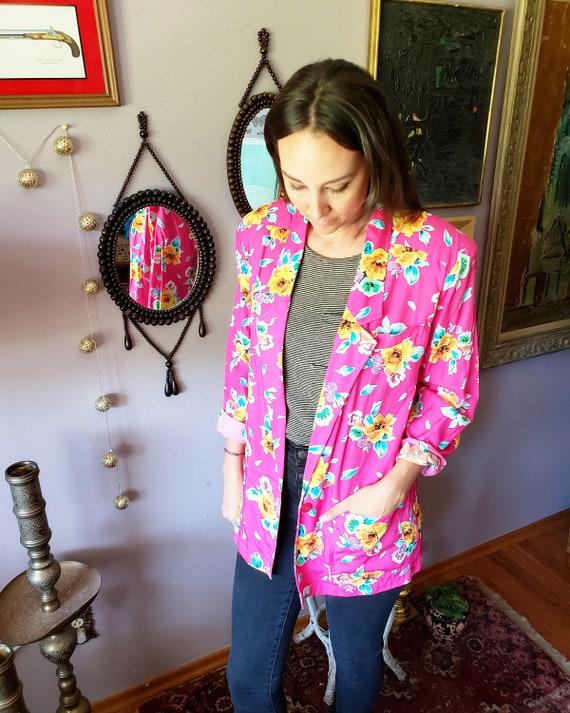 Vintage 1990s Bright Pink Yellow Floral Jacket Bl… - image 1