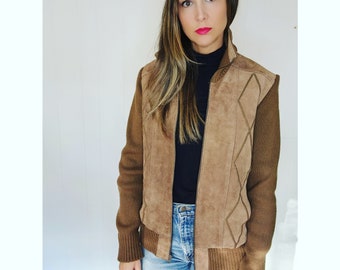 Vintage Classic MOD Leather Suede Brown Leather Sweater Knit Bomber Jacket Coat