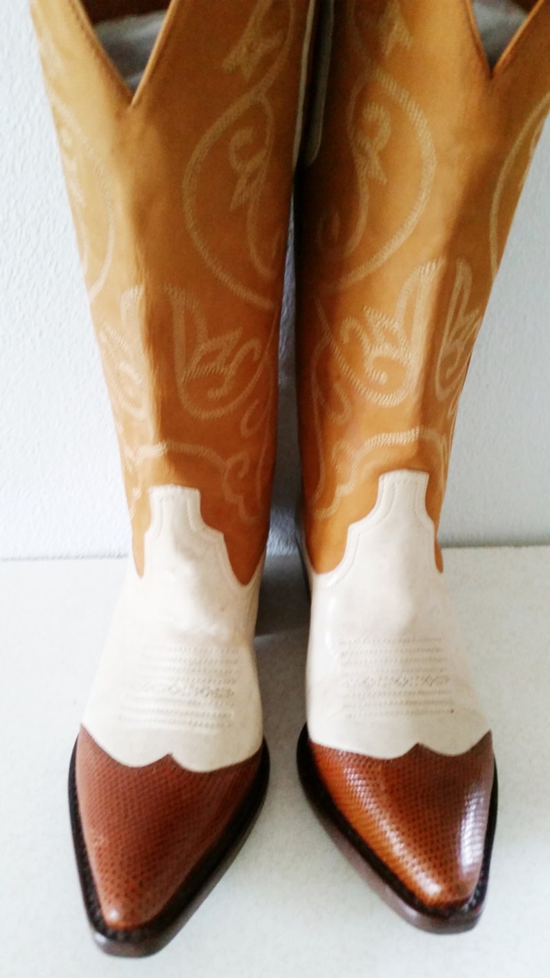 Amazing Vintage 1970s Designer NINE WEST White Brown Leather Cowboy Boots