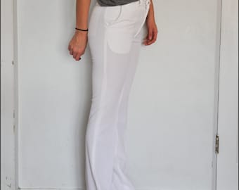 1970s High Waisted Trouser Boho White LONG Pleated Wide Leg Bell Bottom Pant