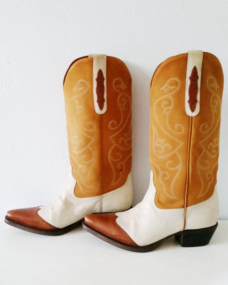 Amazing Vintage 1970s Designer NINE WEST White Brown Leather Cowboy Boots