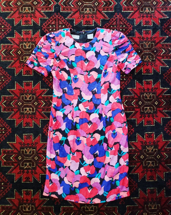 Awesome Bright 1990s Floral and Polka Dot Silk Dre