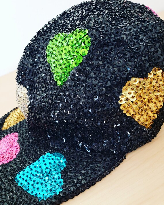 Vintage 1980s 1990s Black Sequins Heart Glam Hat - image 3